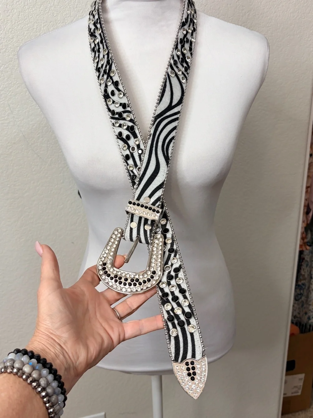 Cow hair Animal Print Rhinestone Western Belt - Black & White
